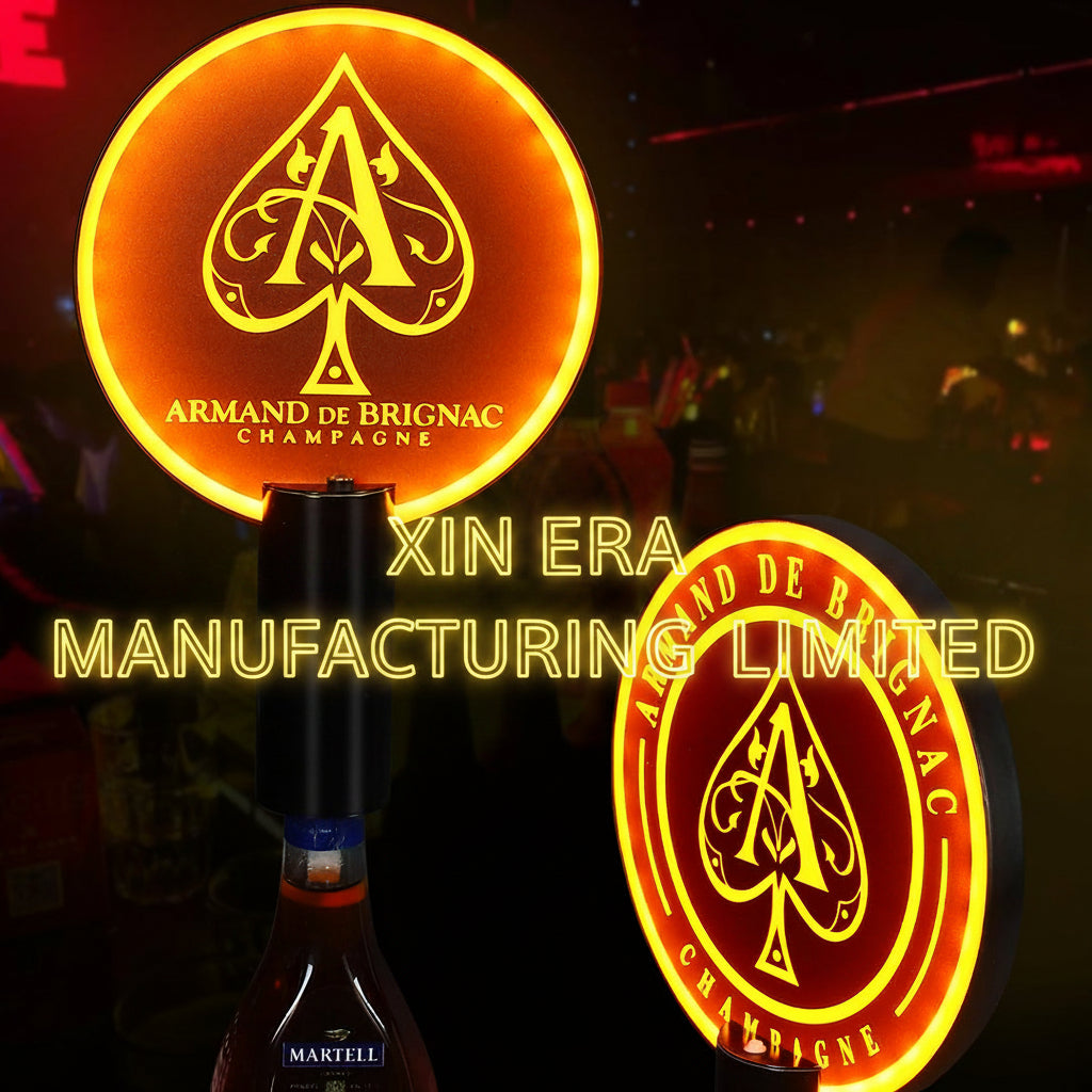Three universal LED bottle glorifiers showing different brand logos and colors