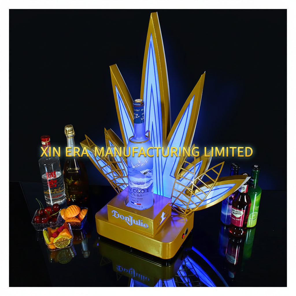 Glow in the dark agave champagne display tray with vibrant blue LED illumination