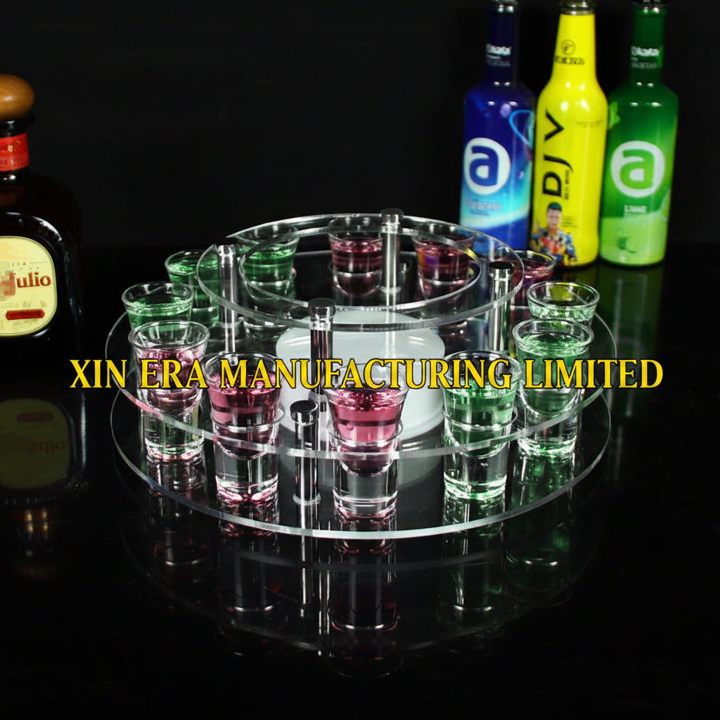 Xinera-Luxury-LED-Shot-Glass-Holder-Round-Acrylic-Cocktail-Tray-Bar-12-Holes-Customizable-Light-Color-VIP-Table-Service-Factory-Real-Shot