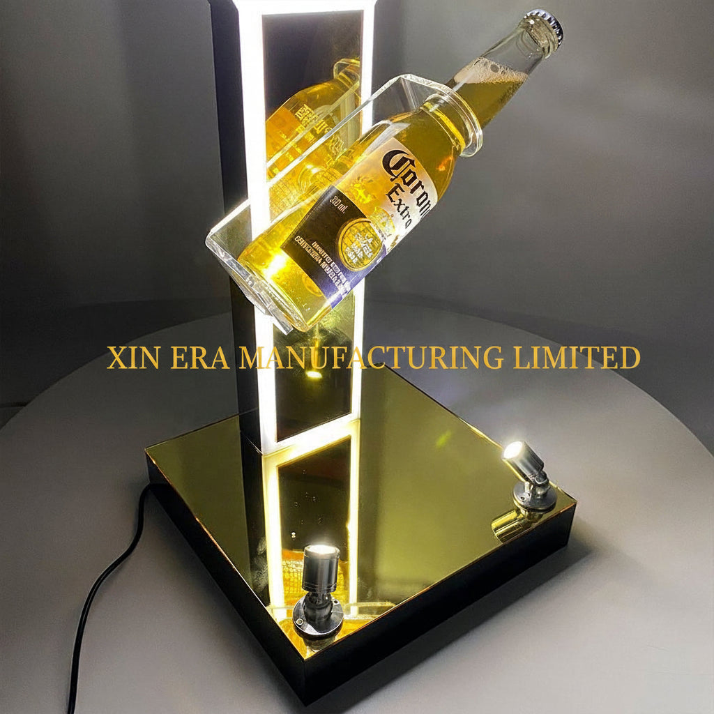 Glow in the dark exhibition wine bottle presenter rack with premium edge illuminated acrylic base