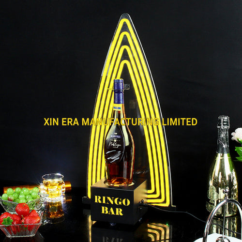 Luminous single bottle liquor display rack glowing with intense golden yellow neon linear lights