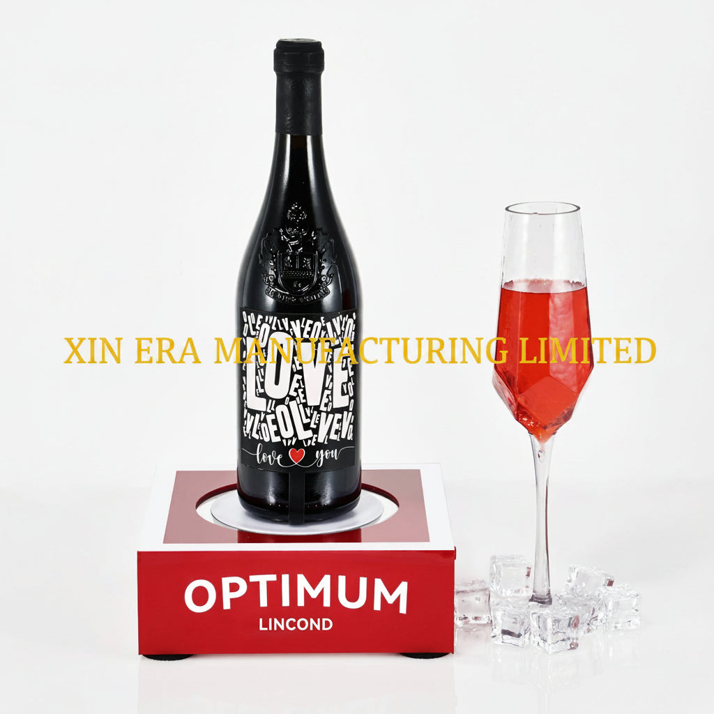 Bespoke acrylic light up liquor bottle glorifier with red accent lighting, factory direct supply for bar events.
