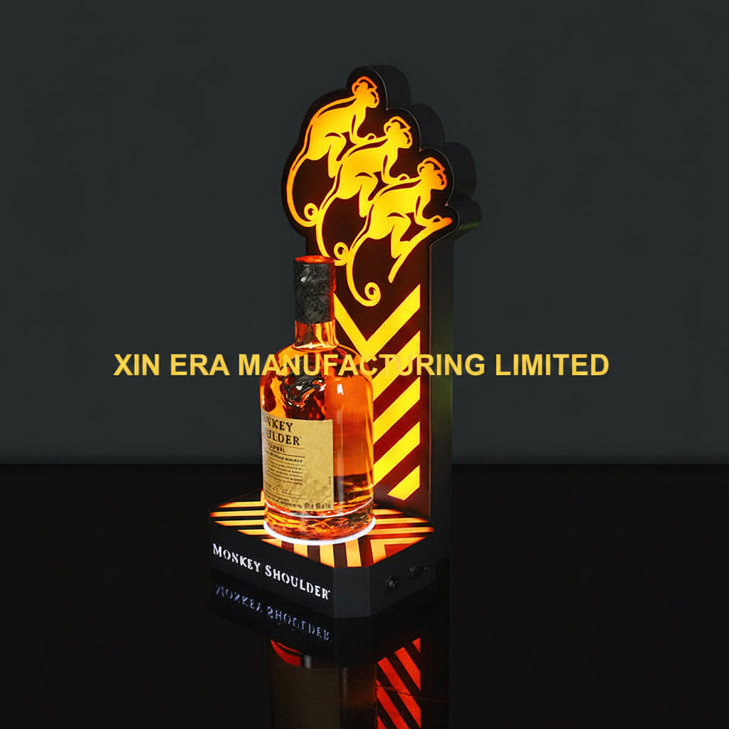 Xinera-LED-Monkey-Shoulder-Shot-Glass-Holder-Nightclub-VIP-Whisky-Fruit-Platter-Three-Monkeys-Logo-Zebra-Stripes-Stepped-Cup-Rack-Lower-Fruit-Tray-Factory-Real-Shot