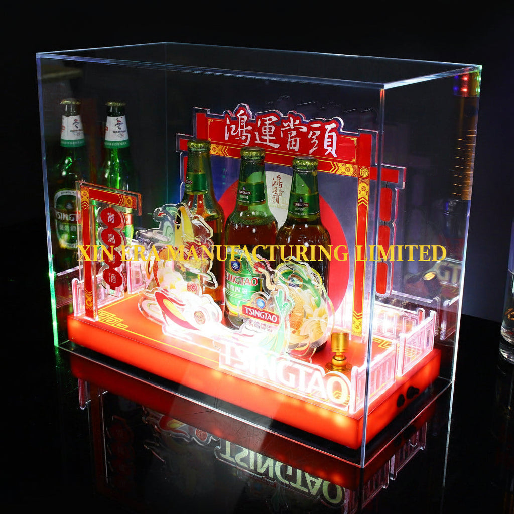 Custom festive red LED brand display pedestal with traditional Chinese architectural motifs and illuminated base for commercial events.