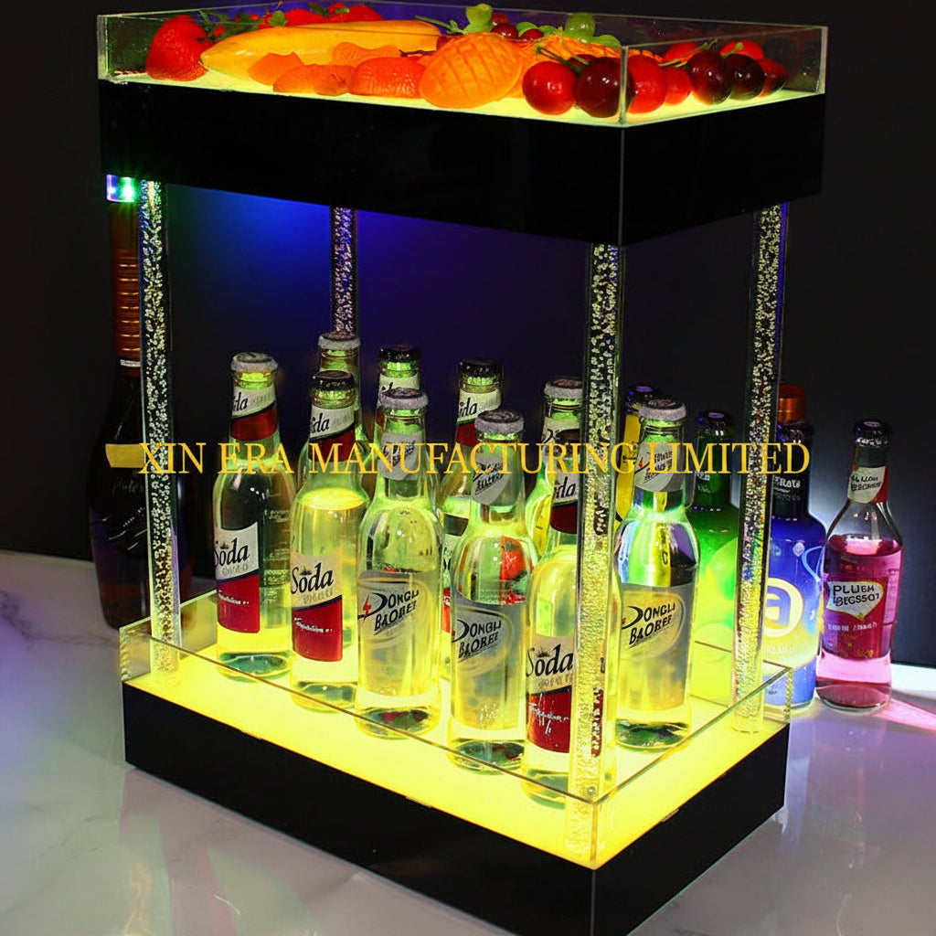 Luxury two-tier LED glowing presenter for bottles and fruit snacks, featuring illuminated crystal-filled pillars for premium nightclub VIP service.