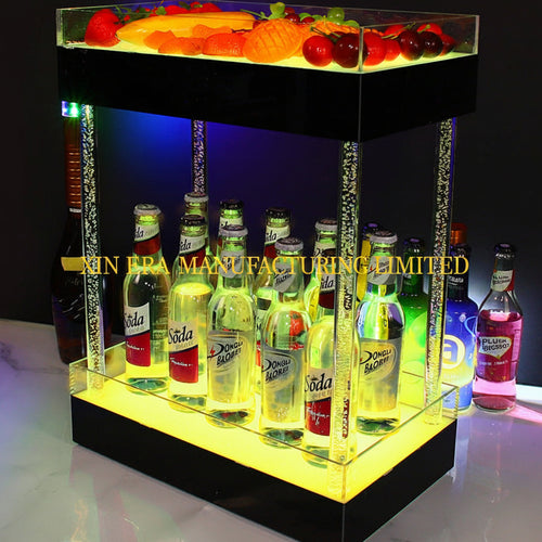 Luxury two-tier LED glowing presenter for bottles and fruit snacks, featuring illuminated crystal-filled pillars for premium nightclub VIP service.