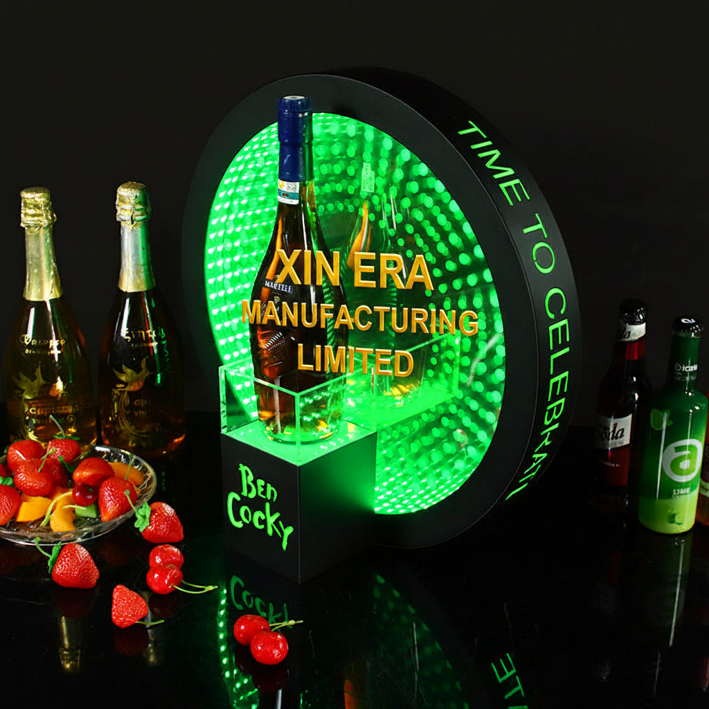 Xinera-LED-Infinity-Mirror-Bottle-Presenter-Nightclub-VIP-Champagne-Display-3D-Tunnel-Illusion-Single-Bottle-Cradle-Ben-Cocky-Kevicks-XO-Factory-Real-Shot