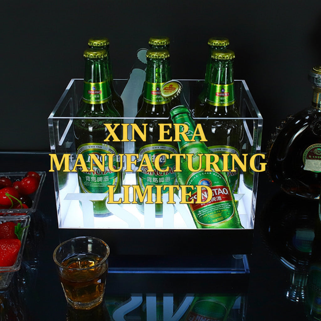 Xinera-LED-Acrylic-Ice-Bucket-Nightclub-VIP-Beer-Wine-Beverage-Presenter-Dual-Side-Handles-High-Clarity-Square-Basin-Tsingtao-Logo-Factory-Real-Shot