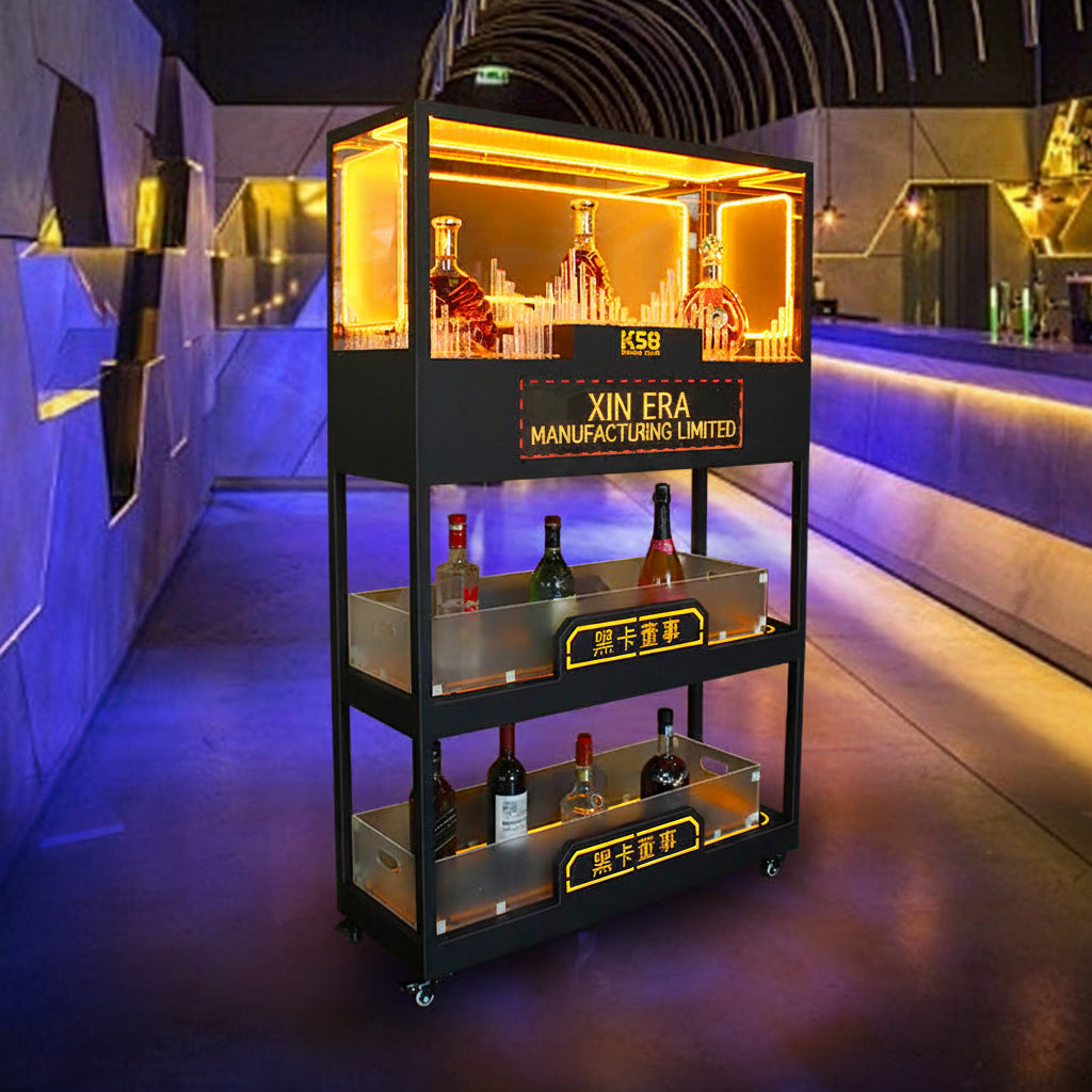 Xinera-3-Tier-LED-Display-Liquor-Cabinet-Nightclub-VIP-Rolling-Screen-Wine-Shelf-Programmable-Text-Marquee-Soundwave-Light-Columns-Mobile-Casters-K58-Factory-Real-Shot