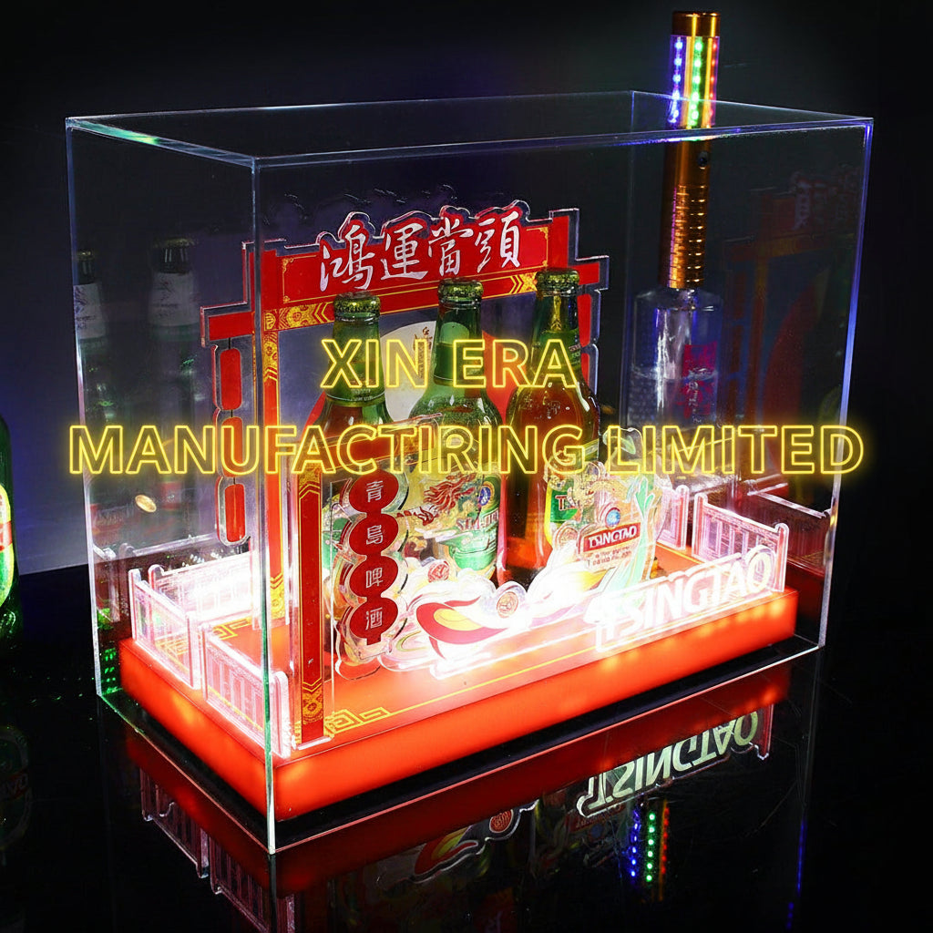 Custom festive red LED brand display pedestal with traditional Chinese architectural motifs and illuminated base for commercial events.