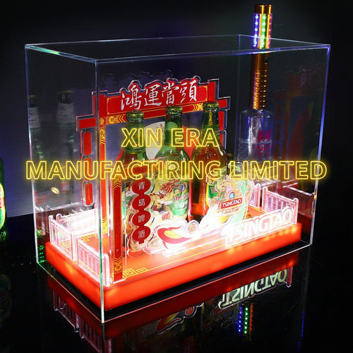 Custom festive red LED brand display pedestal with traditional Chinese architectural motifs and illuminated base for commercial events.