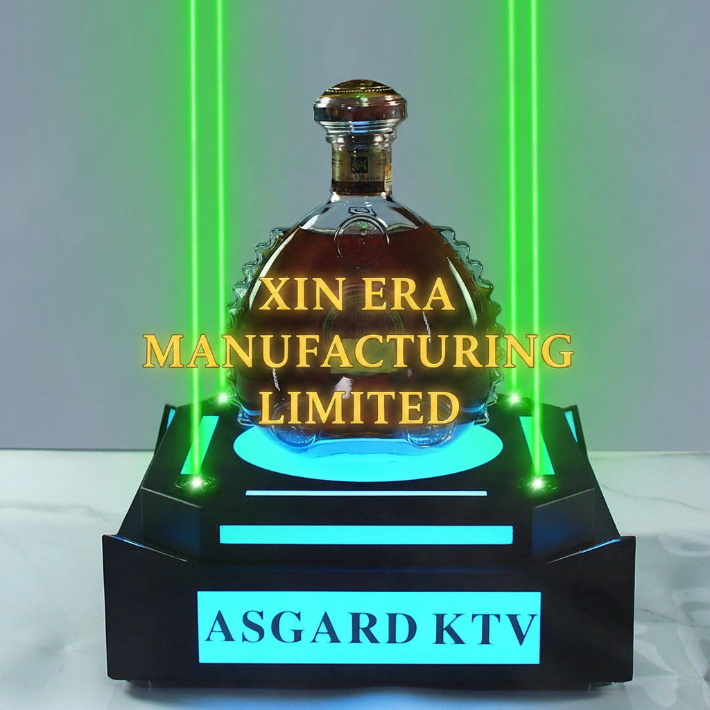 Front view of XIN ERA LED VIP bottle presenter with glowing logo on a dark nightclub background.