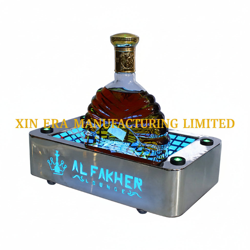 VIP LED single bottle glorifier with silver metallic frame and custom backlit logo