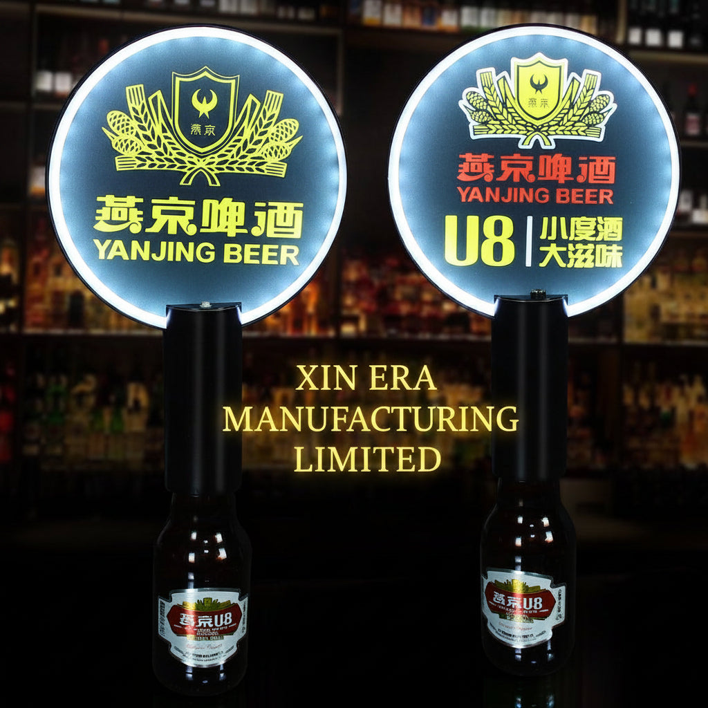 Three universal LED bottle glorifiers showing different brand logos and colors