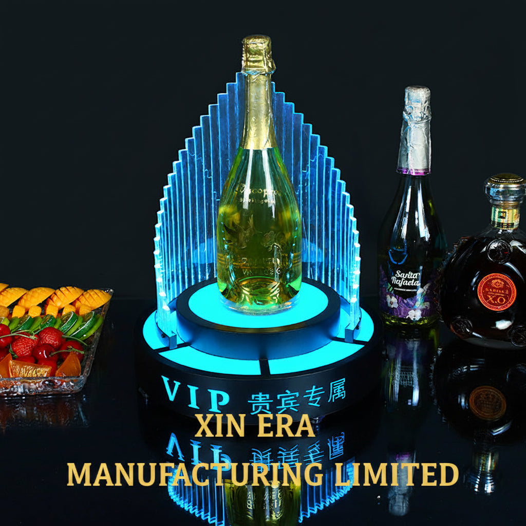 Luminous circular champagne presentation tray with vibrant green LED lights for nightclubs