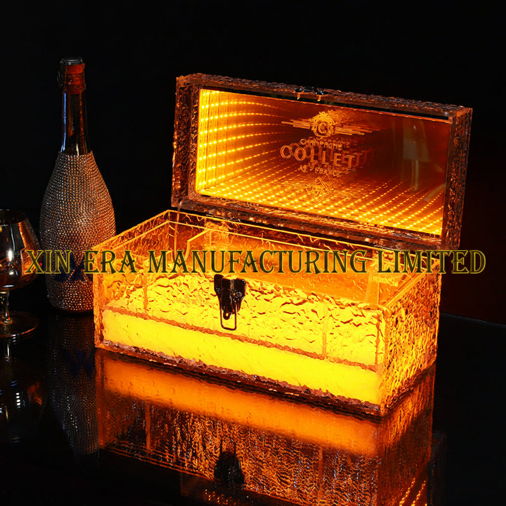 Luminous single bottle champagne ice box closed with vibrant golden yellow LED glow