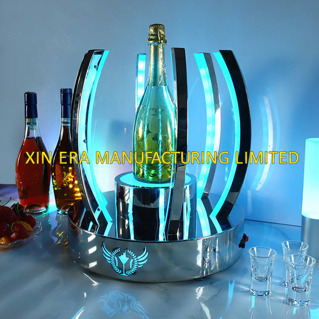 Commercial grade illuminated lotus bottle pedestal with cyan light