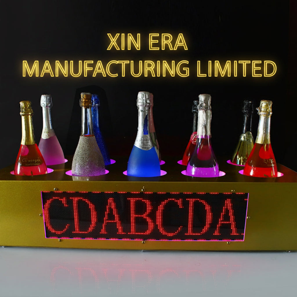 Glow in the dark multi bottle liquor display pedestals with sharp red linear LED illumination