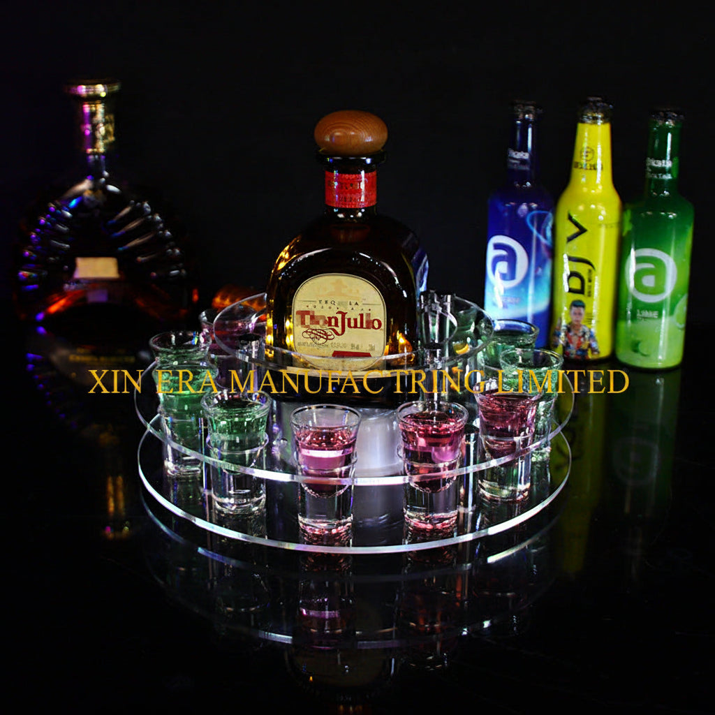 Xinera-Luxury-LED-Shot-Glass-Holder-Round-Acrylic-Cocktail-Tray-Bar-12-Holes-Customizable-Light-Color-VIP-Table-Service-Factory-Real-Shot