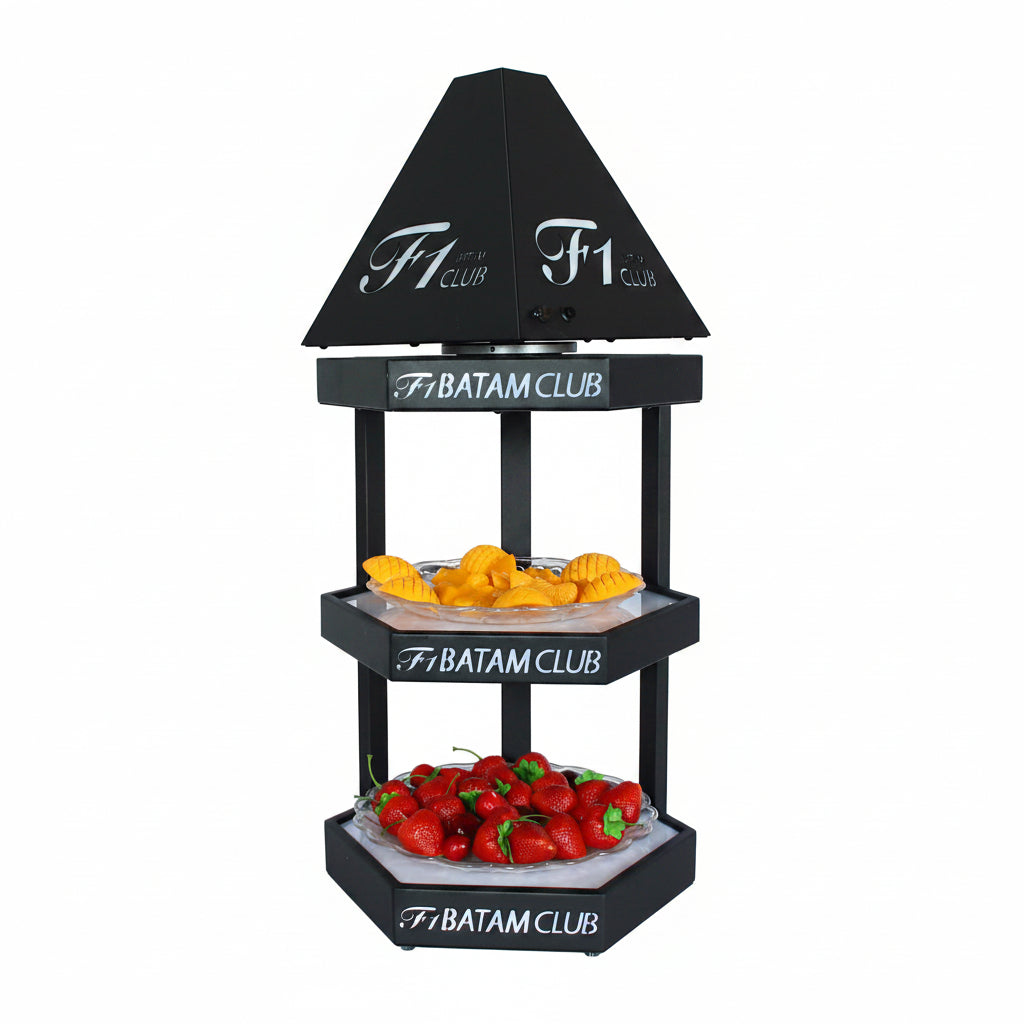 3-tier hexagonal LED display stand with matte black finish and illuminated acrylic base for commercial events