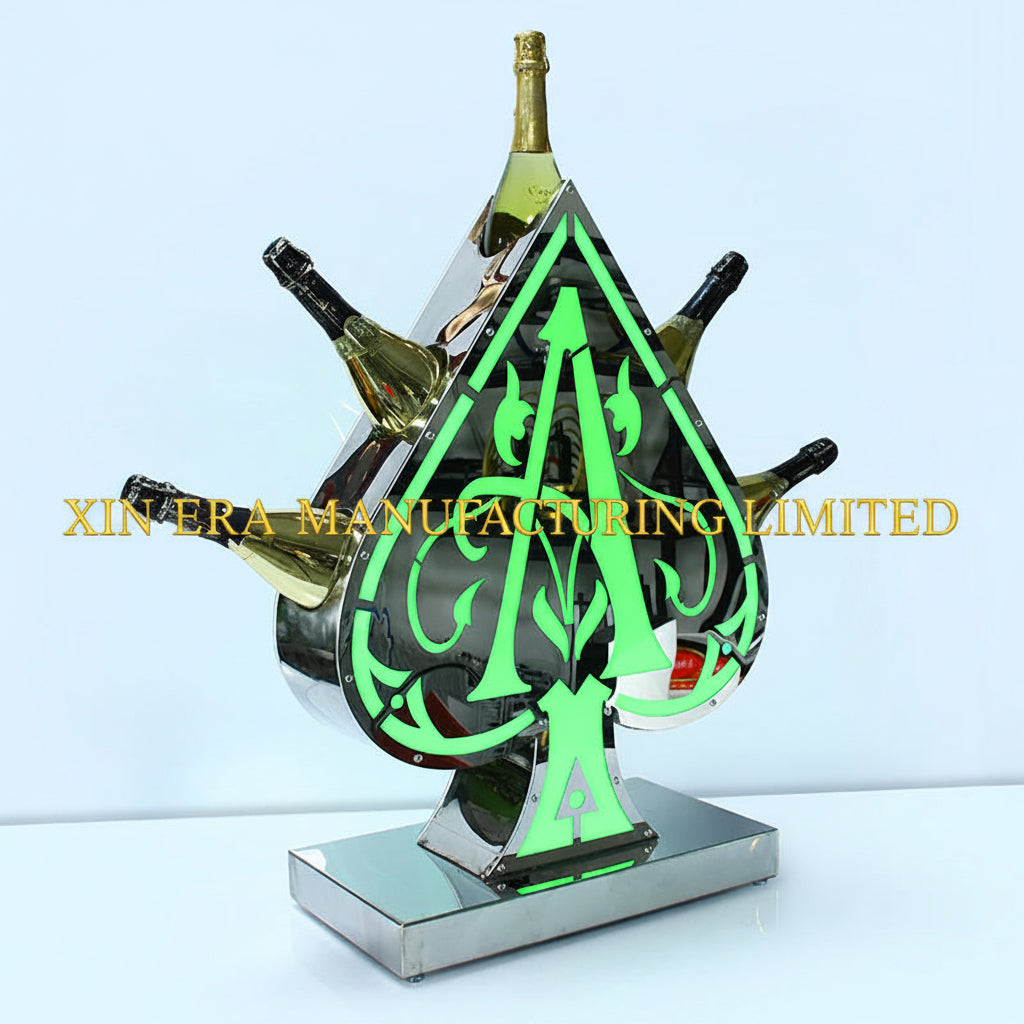 Xinera-LED-Ace-of-Spades-Bottle-Presenter-Nightclub-VIP-Champagne-Display-Rack-5-Bottle-Fan-Shaped-Cradle-Stainless-Steel-Base-Factory-Real-Shot