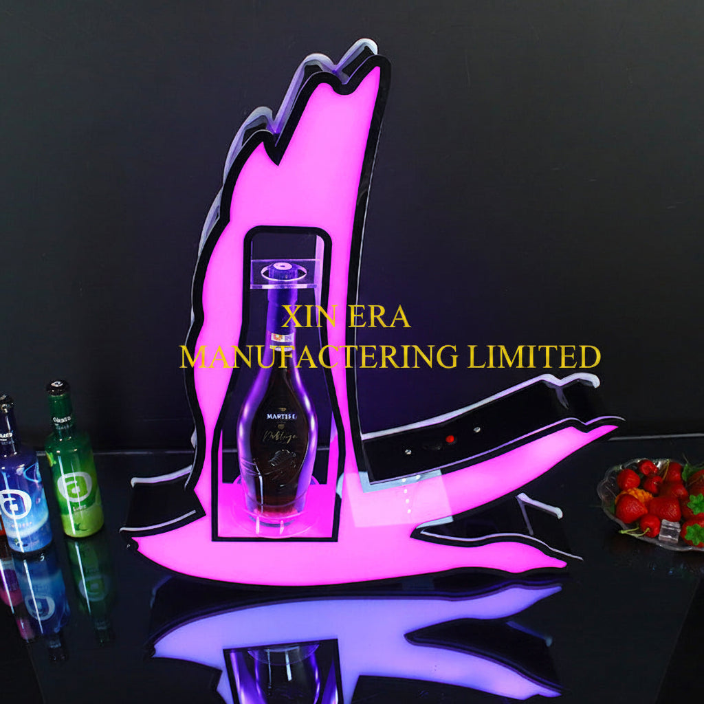 Luminous swan shape liquor display stand with pink and purple neon LED lights
