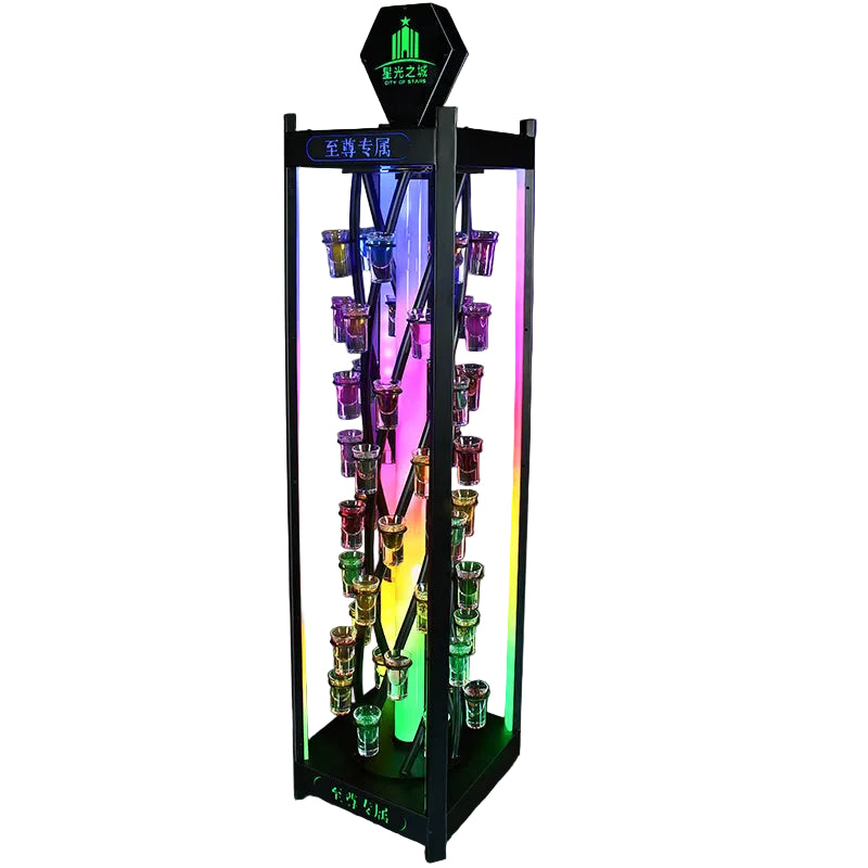 Bespoke LED Rotating Shot Glass Display Rack - Multi-Color Revolving Shot Tower for Nightclub VIP Service
