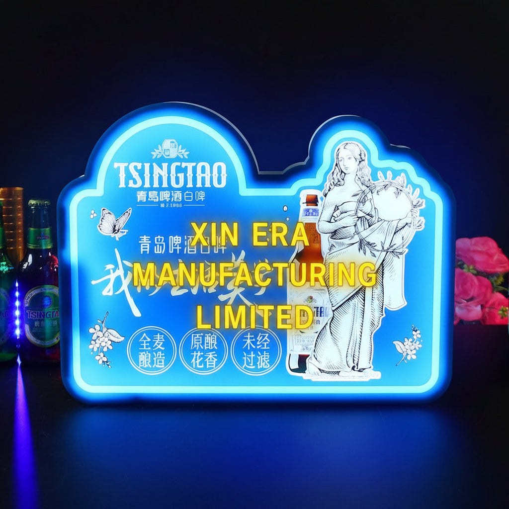 Handheld custom blue LED backlit TSINGTAO brand sign showing high-definition lifestyle graphics