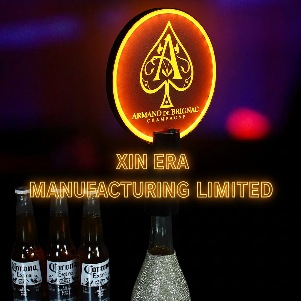 Three universal LED bottle glorifiers showing different brand logos and colors