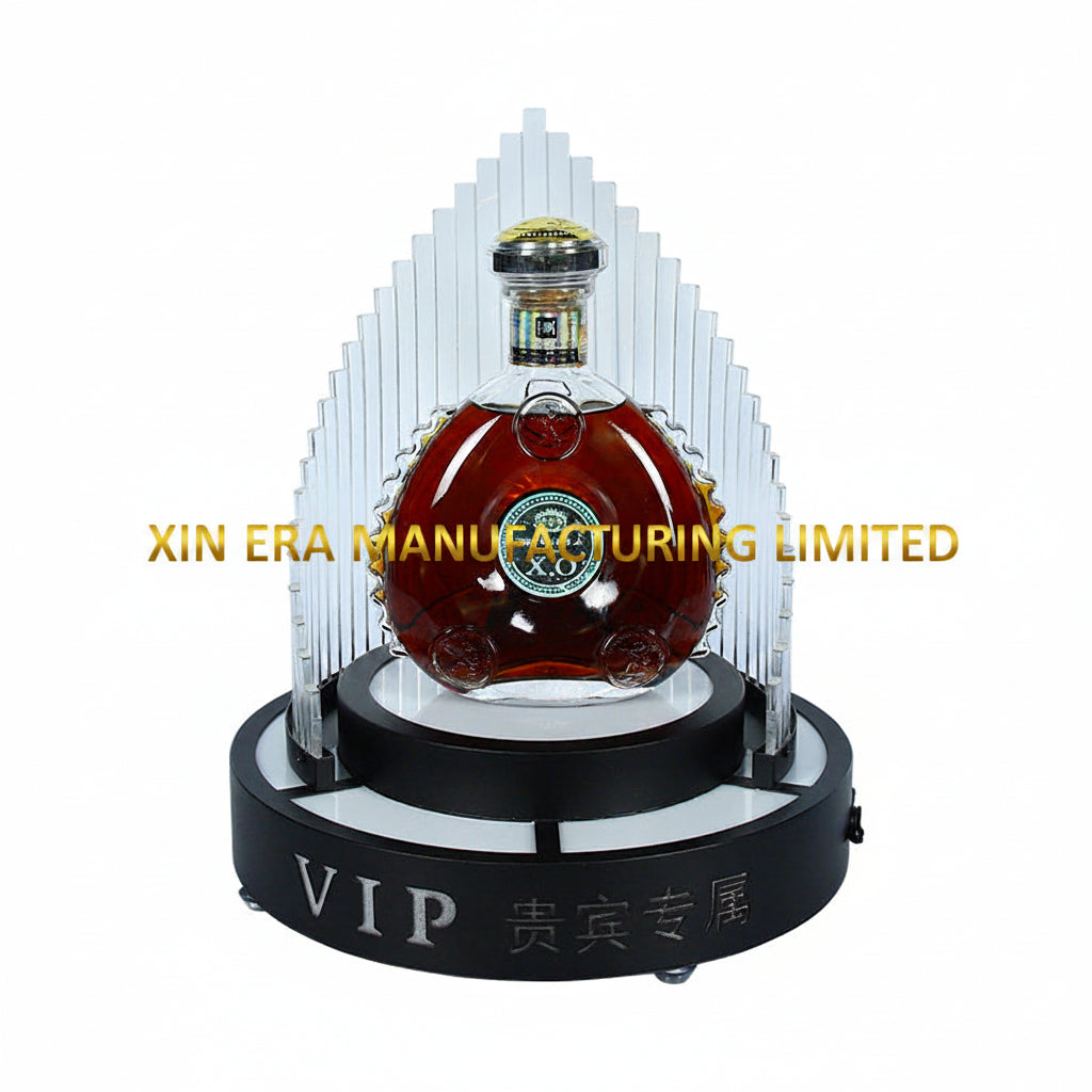 VIP exclusive circular LED bottle presenter in luxury gold frame with warm white lighting