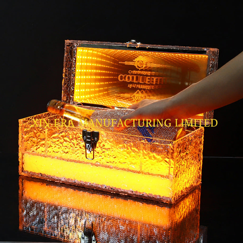 Glow in the dark premium liquor presentation carrier being opened with intense internal lighting