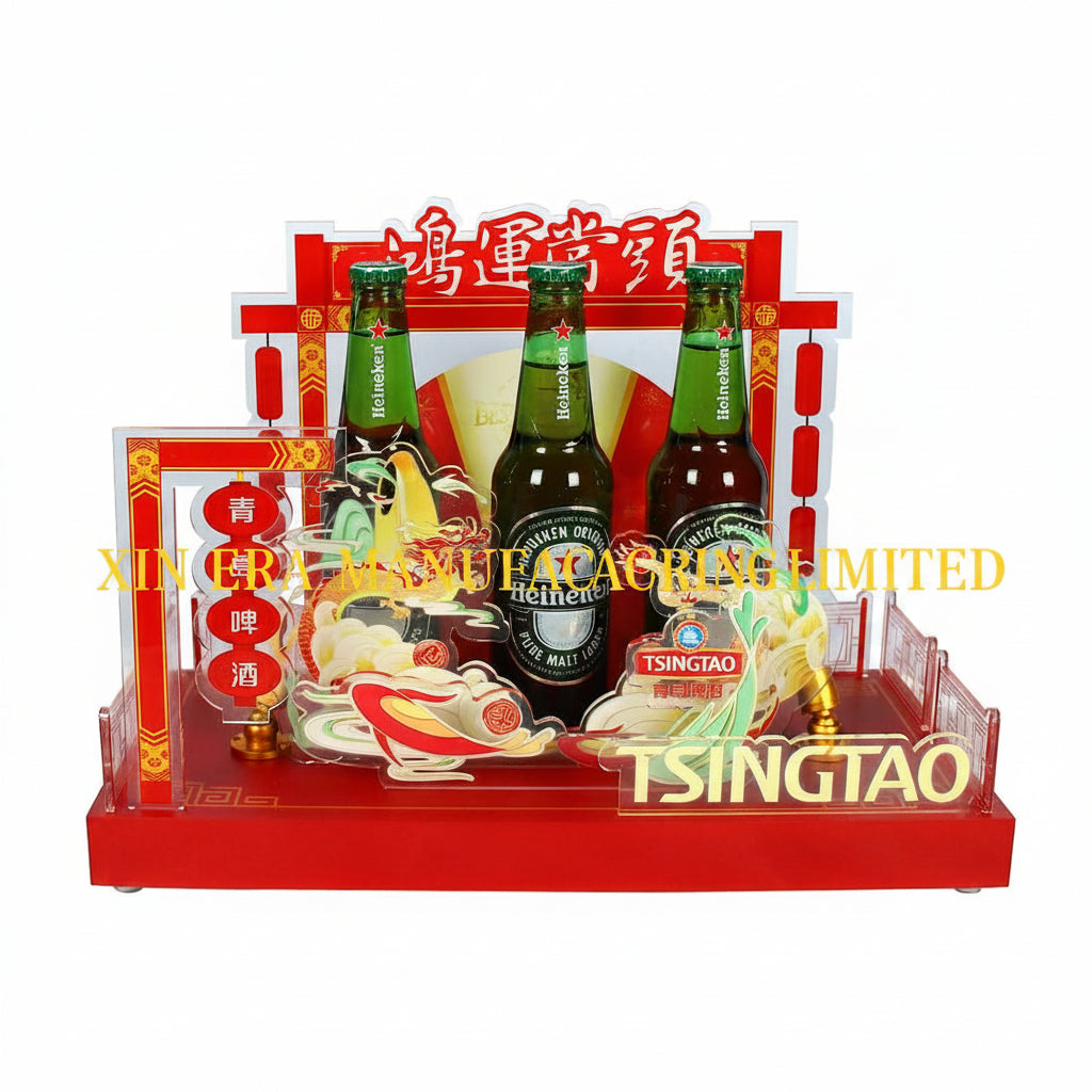 Custom festive red LED brand display pedestal with traditional Chinese architectural motifs and illuminated base for commercial events.