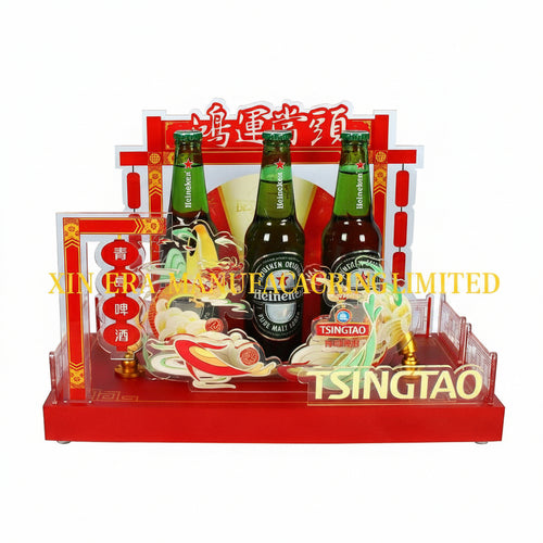 Custom festive red LED brand display pedestal with traditional Chinese architectural motifs and illuminated base for commercial events.