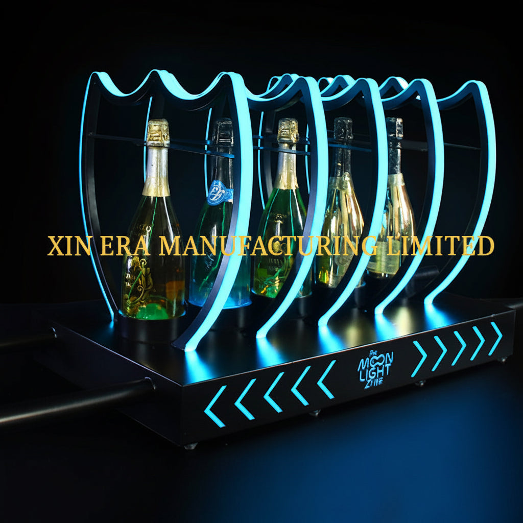Xinera-Custom-Moonlight-Zone-Logo-LED-Champagne-Bottle-Presenter-5-Bottle-Shield-Luminous-Wine-Display-Rack-7-Color-Lockable-Nightclub-VIP-Factory-Real-Shot