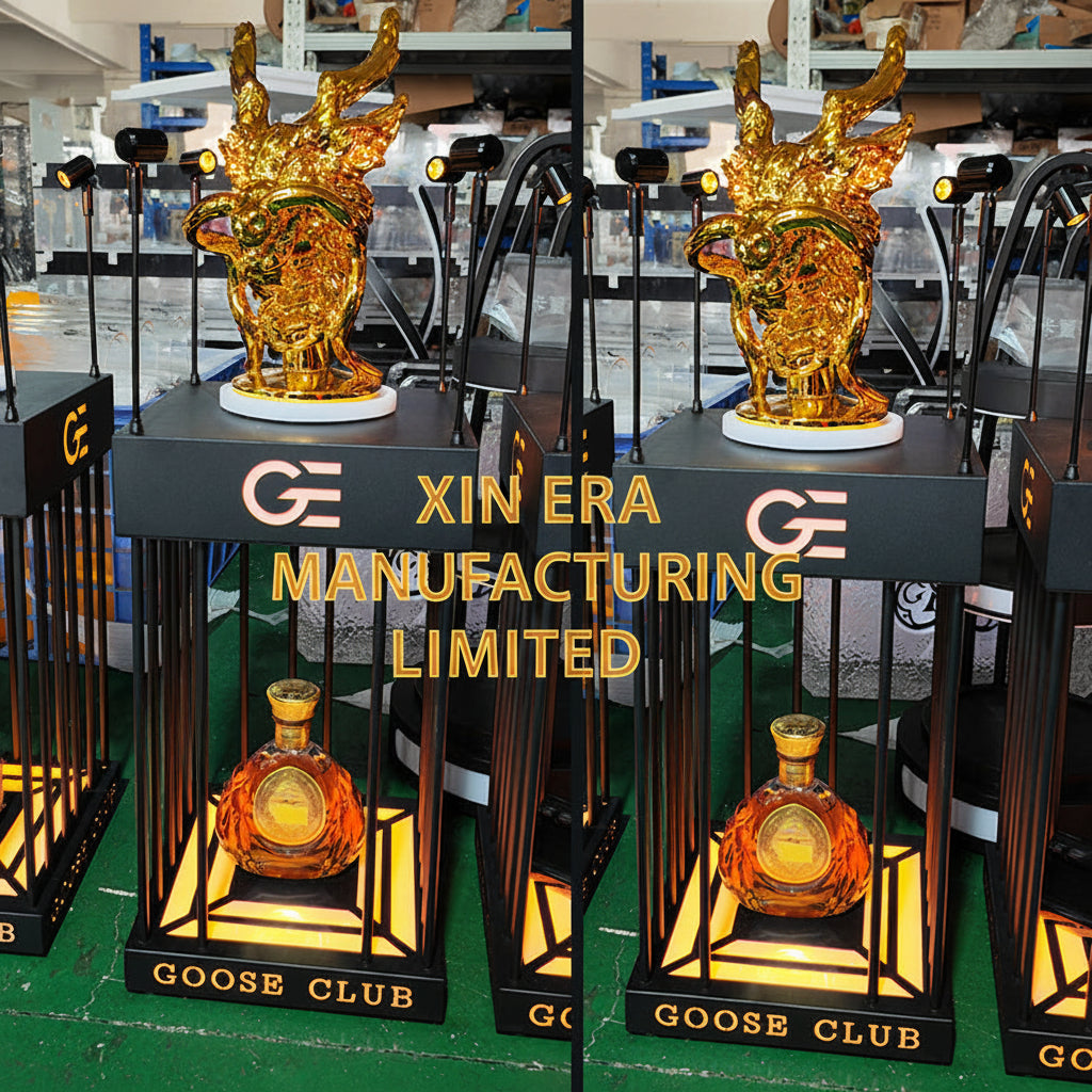 Luxury gold dragon totem on LED illuminated bottle presenter.