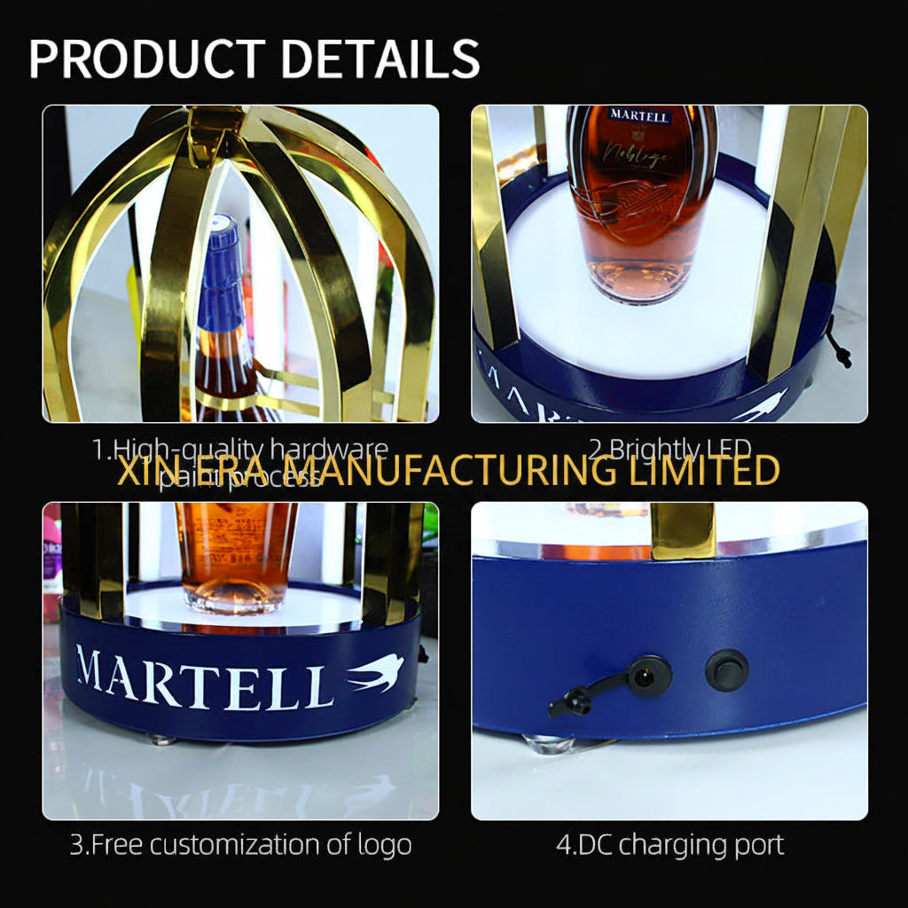 Custom brand logo liquor display rack with gold finish and LED lighting