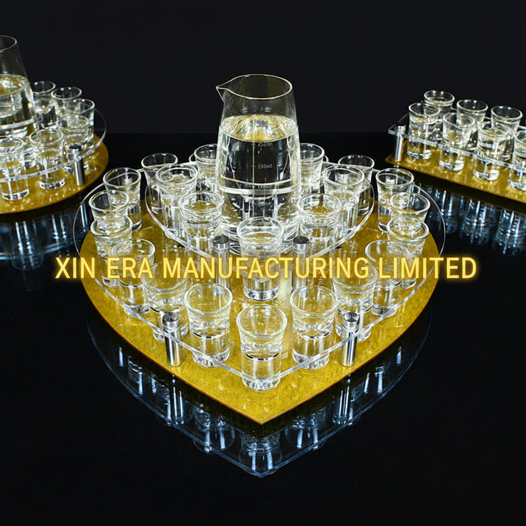 Xinera-Heart-Shaped-LED-Shot-Glass-Display-Nightclub-VIP-Cocktail-Holder-Rack-Dual-Tier-Acrylic-Golden-Mirror-Base-VIP-Table-Service-Factory-Real-Shot