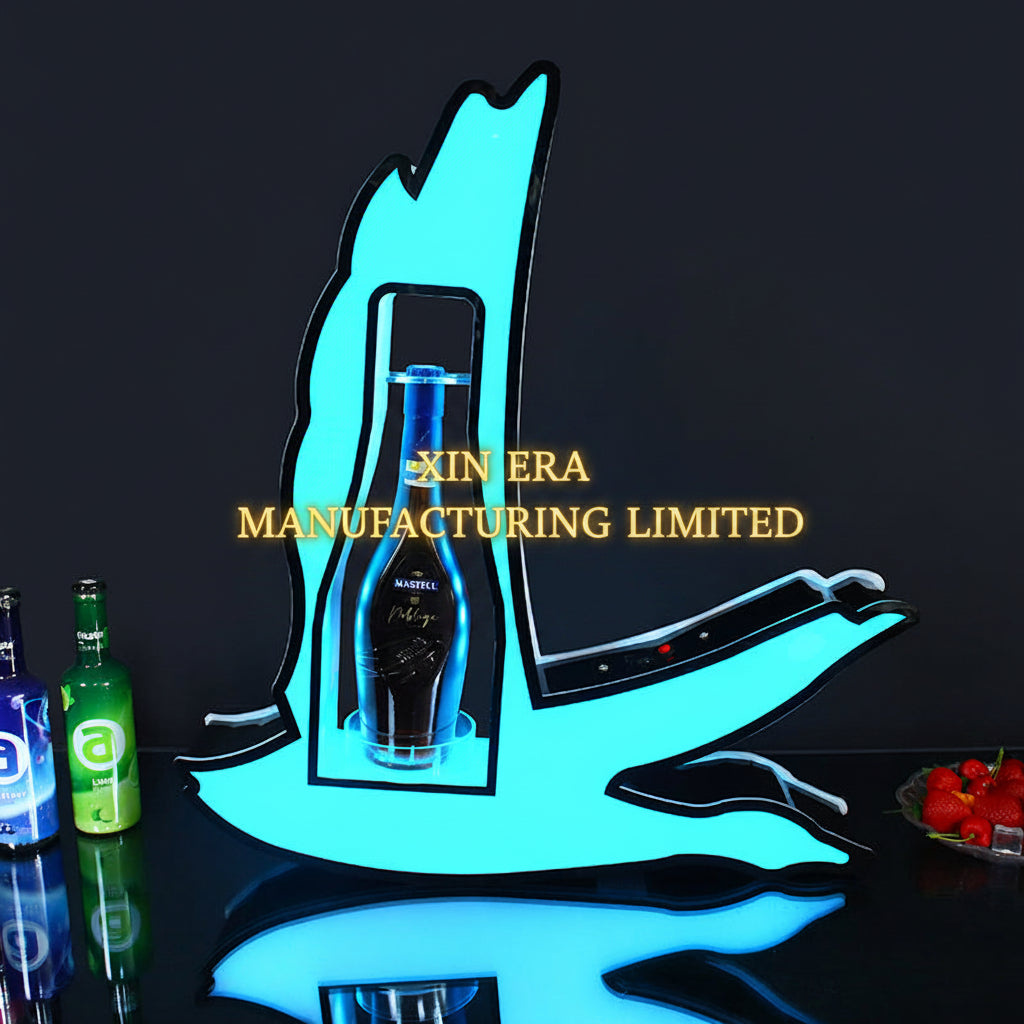 Glow in the dark winged bottle holder with cyan and light blue linear LED illumination
