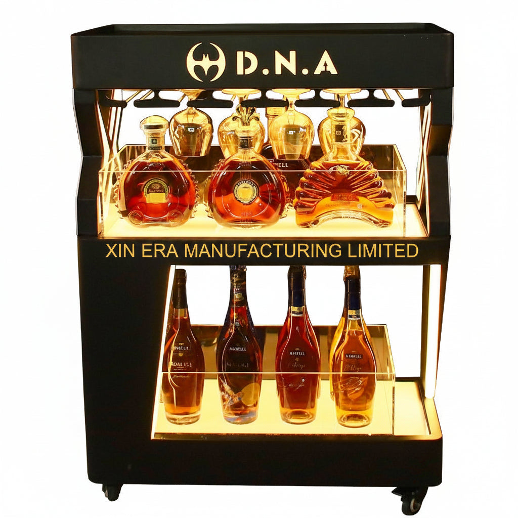 Custom large 2-tier LED wine display cabinet with blue ambient lighting, bespoke branding for VIP bottle service.