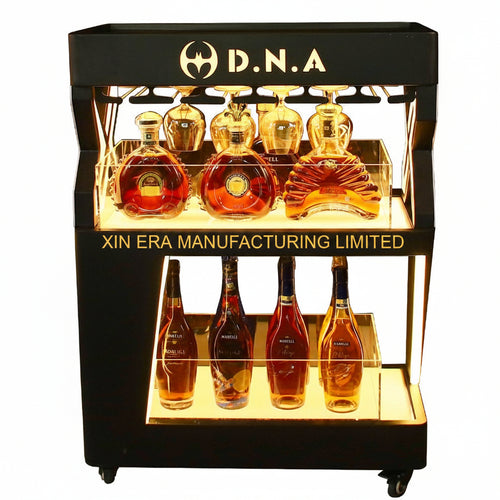 Custom large 2-tier LED wine display cabinet with blue ambient lighting, bespoke branding for VIP bottle service.