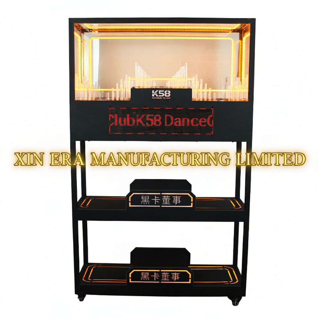 Xinera-3-Tier-LED-Display-Liquor-Cabinet-Nightclub-VIP-Rolling-Screen-Wine-Shelf-Programmable-Text-Marquee-Soundwave-Light-Columns-Mobile-Casters-K58-Factory-Real-Shot