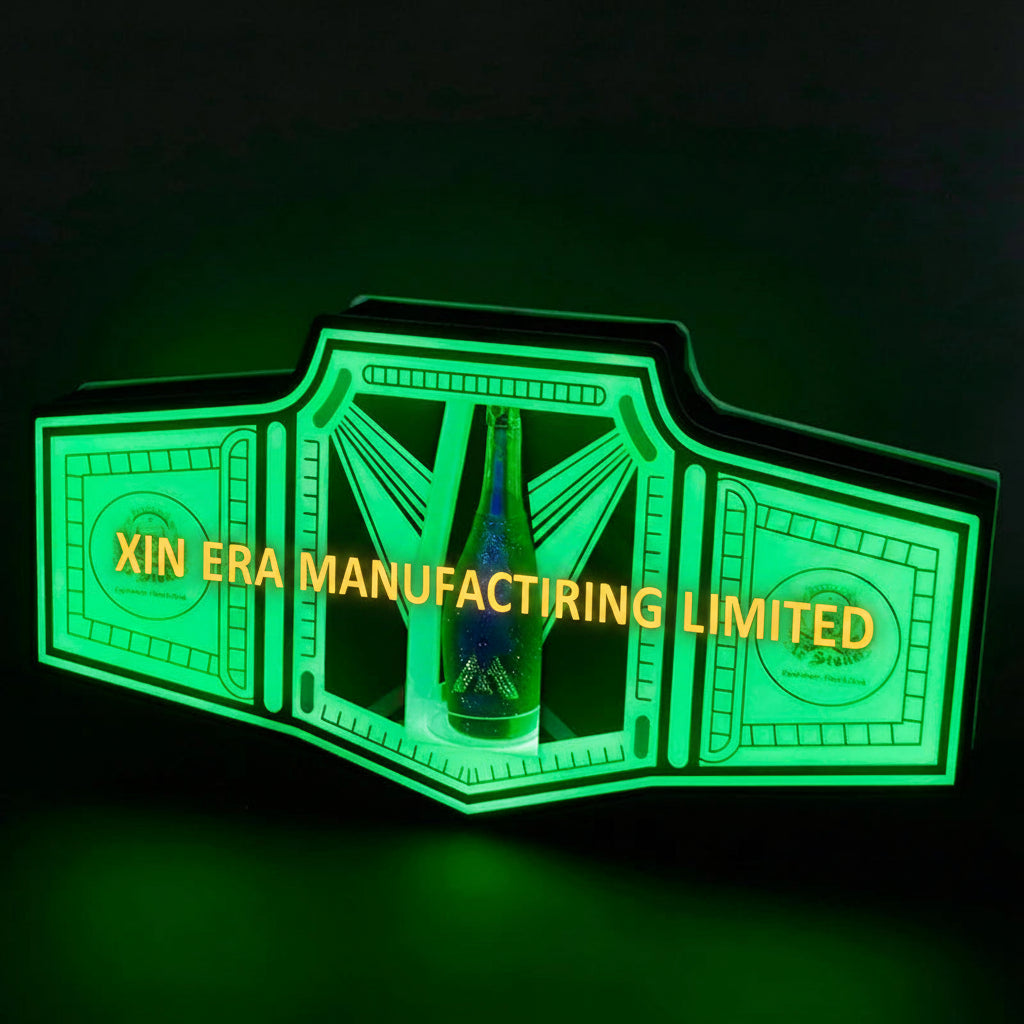 Glowing green LED championship belt bottle presenter for elite commercial nightclub bottle service.