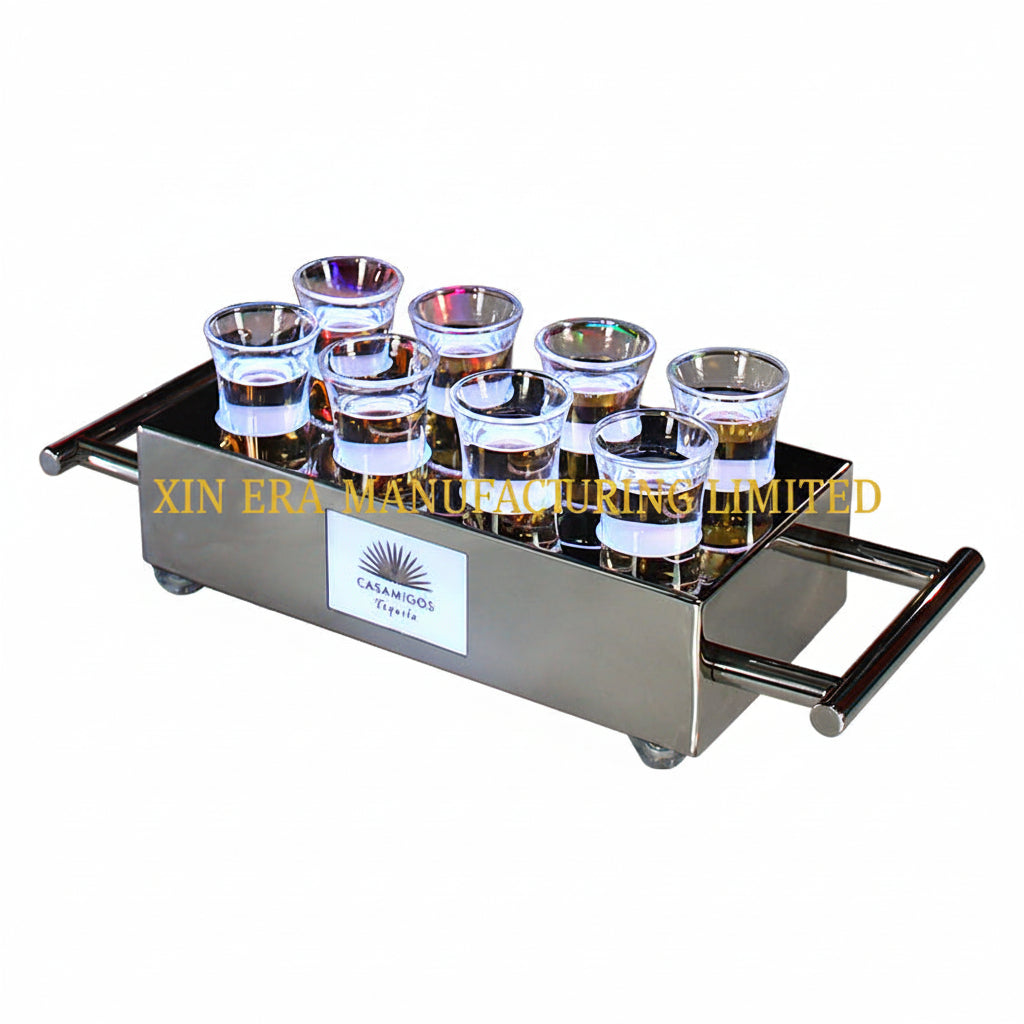 Xinera-Custom-Casamigos-Tequila-Logo-Stainless-Steel-LED-Shot-Glass-Holder-8-Slot-Luminous-Shooter-Tray-with-Handles-Nightclub-VIP-Service-Factory-Real-Shot