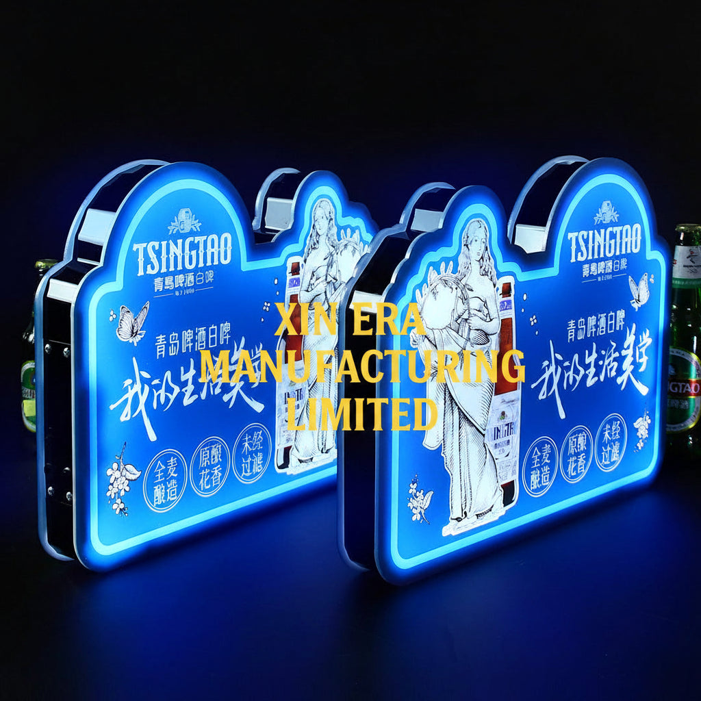 Handheld custom blue LED backlit TSINGTAO brand sign showing high-definition lifestyle graphics