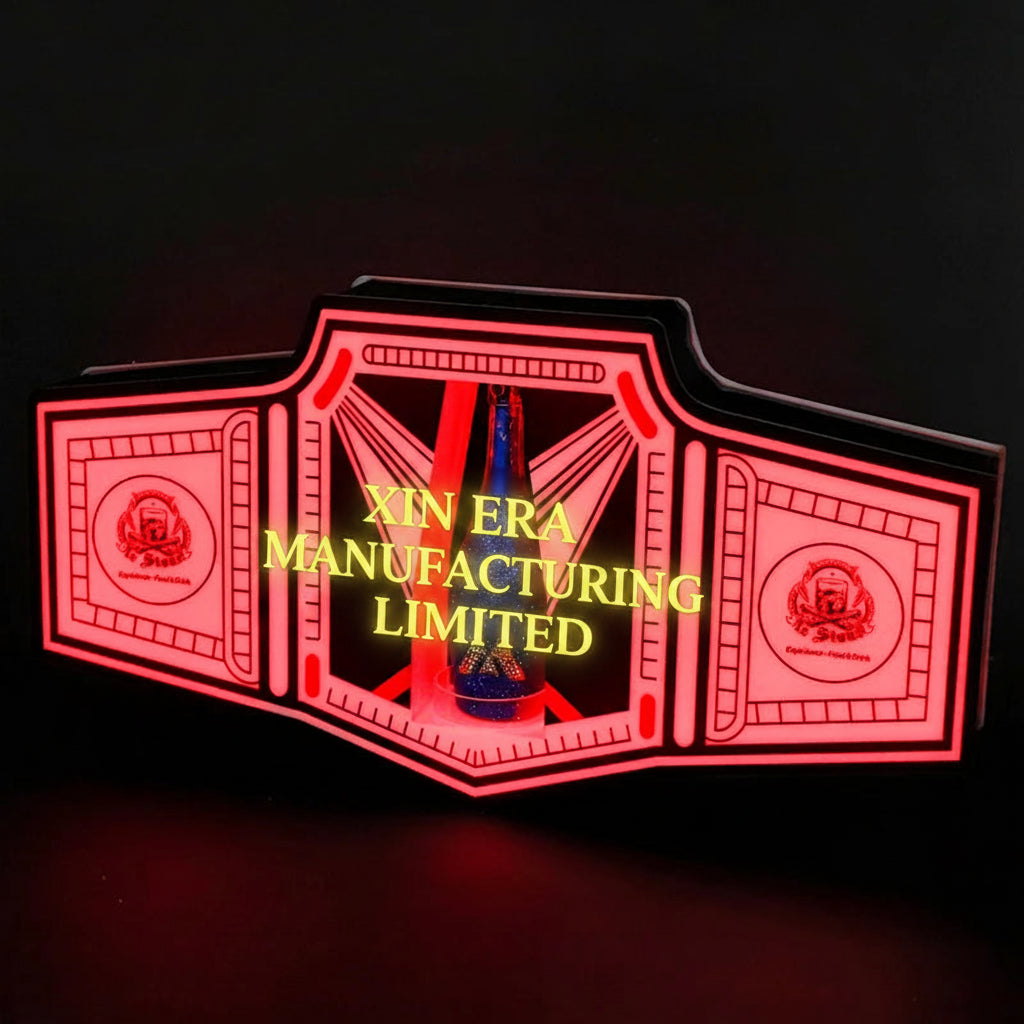 Glowing red LED championship belt bottle presenter for luxury bar and VIP table service.