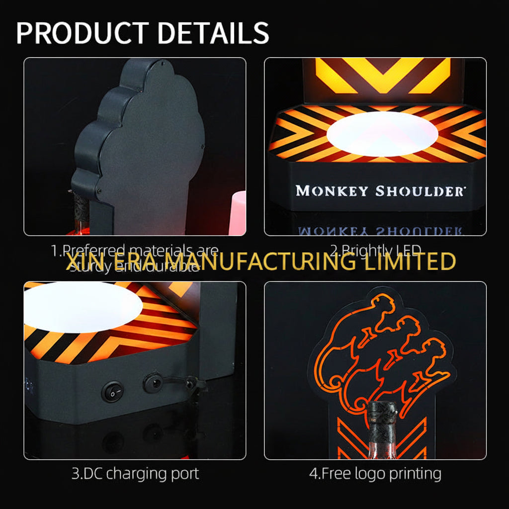 Xinera-LED-Monkey-Shoulder-Bottle-Presenter-Nightclub-VIP-Whisky-Display-Stand-Three-Monkeys-Logo-Zebra-Stripes-Single-Bottle-Holder-Factory-Real-Shot