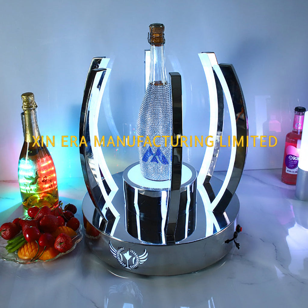 Luminous petal liquor display stand with vibrant blue LED lights