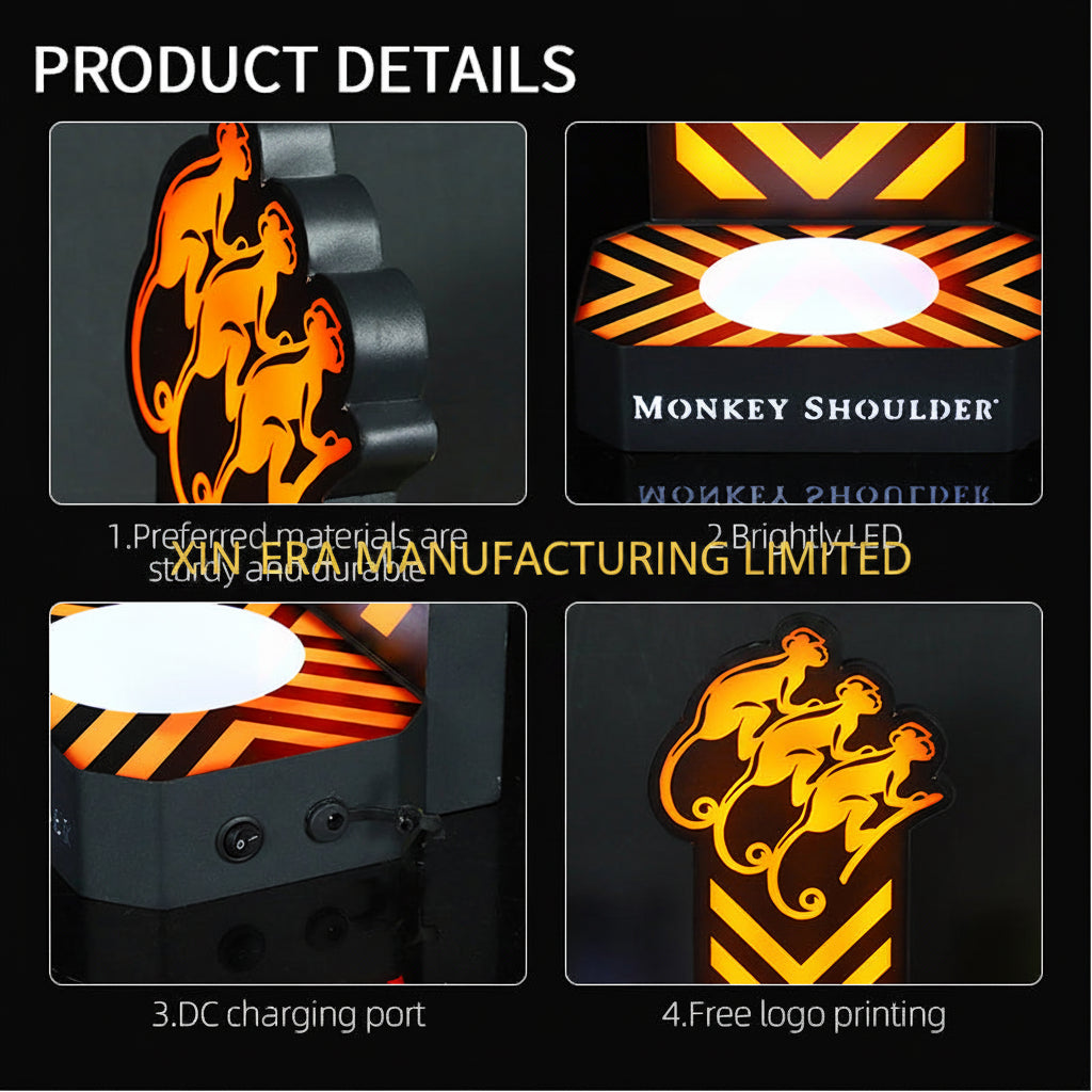 Xinera-LED-Monkey-Shoulder-Shot-Glass-Holder-Nightclub-VIP-Whisky-Fruit-Platter-Three-Monkeys-Logo-Zebra-Stripes-Stepped-Cup-Rack-Lower-Fruit-Tray-Factory-Real-Shot