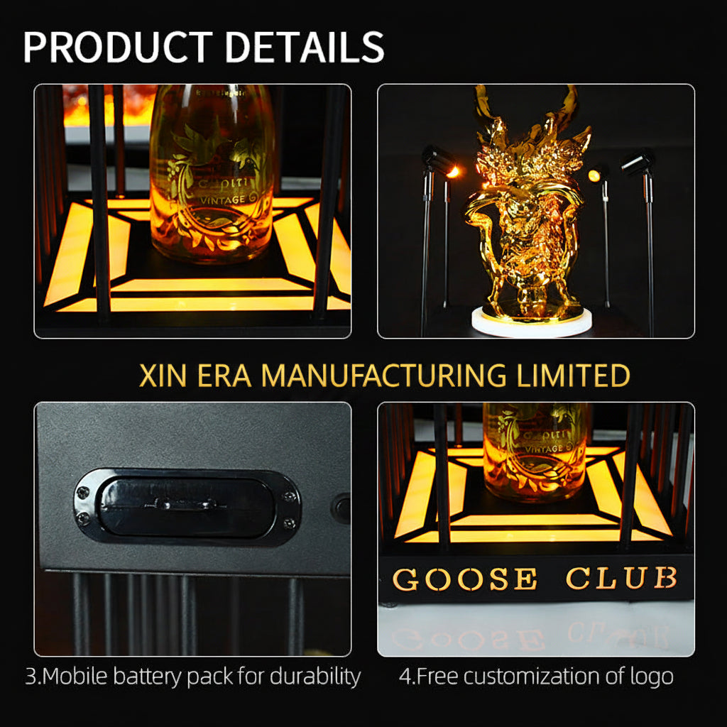 Luxury gold dragon totem on LED illuminated bottle presenter.