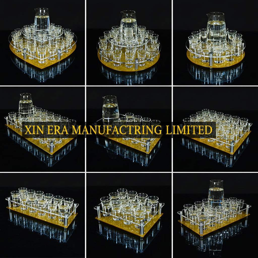 Xinera-Heart-Shaped-LED-Shot-Glass-Display-Nightclub-VIP-Cocktail-Holder-Rack-Dual-Tier-Acrylic-Golden-Mirror-Base-VIP-Table-Service-Factory-Real-Shot